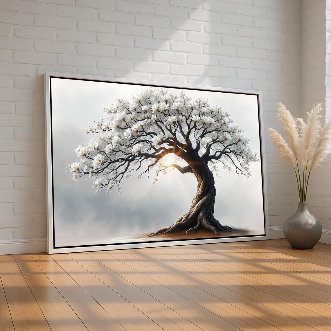 White Blossom Tree Sunburst Through Branches Misty Nature Poster