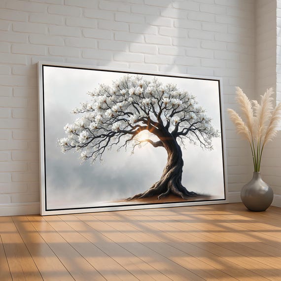 White Blossom Tree Canvas Wall Art Elegant Blooming With Sunlight In Minimal Background Serene Nature Decor For Home Ready To Hang