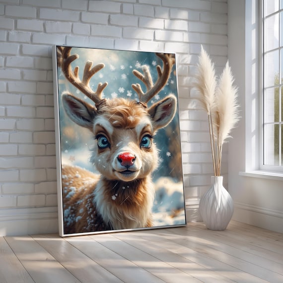 Adorable Cute Baby Reindeer Red Nose Snowy Winter Christmas Poster