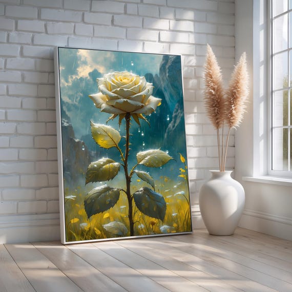 Glowing White Rose Wall Art Romantic Floral Canvas In Rain Botanical Nature Print For Bedroom Or Ready To Hang