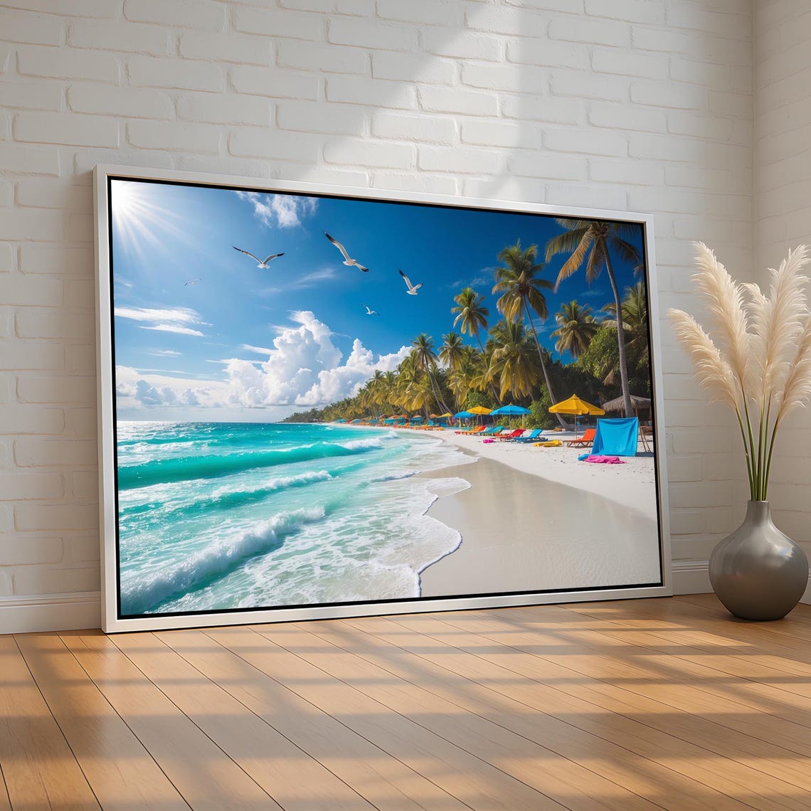 Tropical Beach Paradise Palm Trees Ocean Waves Colorful Wall Art