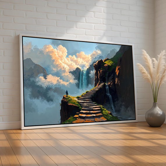 Heavenly Stairway Waterfall Wall Art Dreamy Mountain Path Landscape Canvas Print Spiritual Journey Decor Ready To Hang