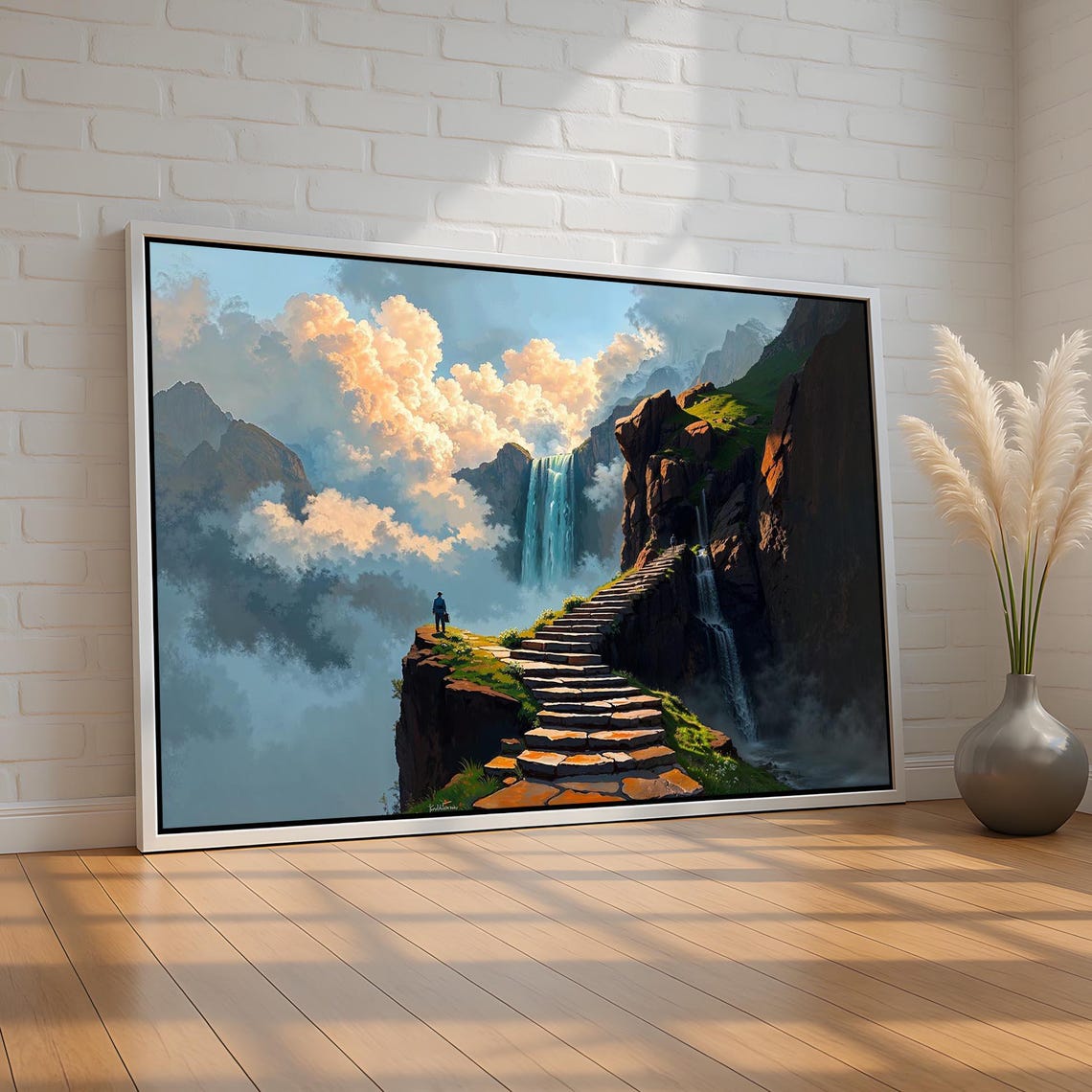 Heavenly Stone Stairway Waterfall Misty Mountain Dreamy Wall Art