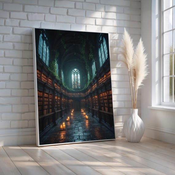 Dark Gothic Library Wall Art Enchanted Candlelit Book Hall Print Mysterious Fantasy Castle Decor For Readers Writers Ready To Hang