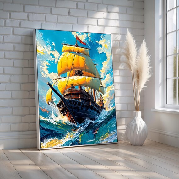 Pirate Ship Golden Sails Stormy Ocean Seascape Painting Wall Art