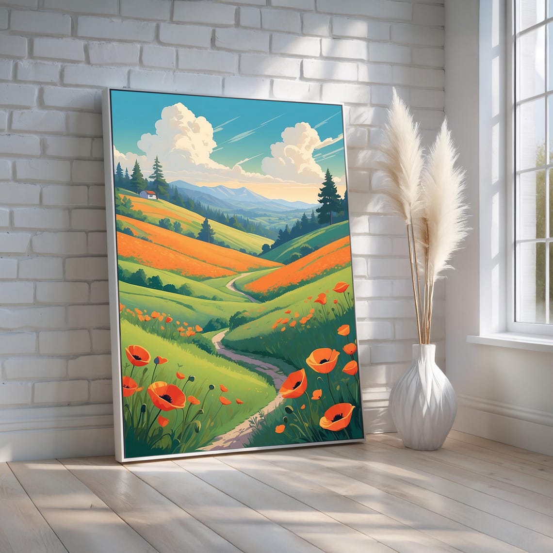 Rolling Poppy Fields and Green Hills Summer Landscape Poster