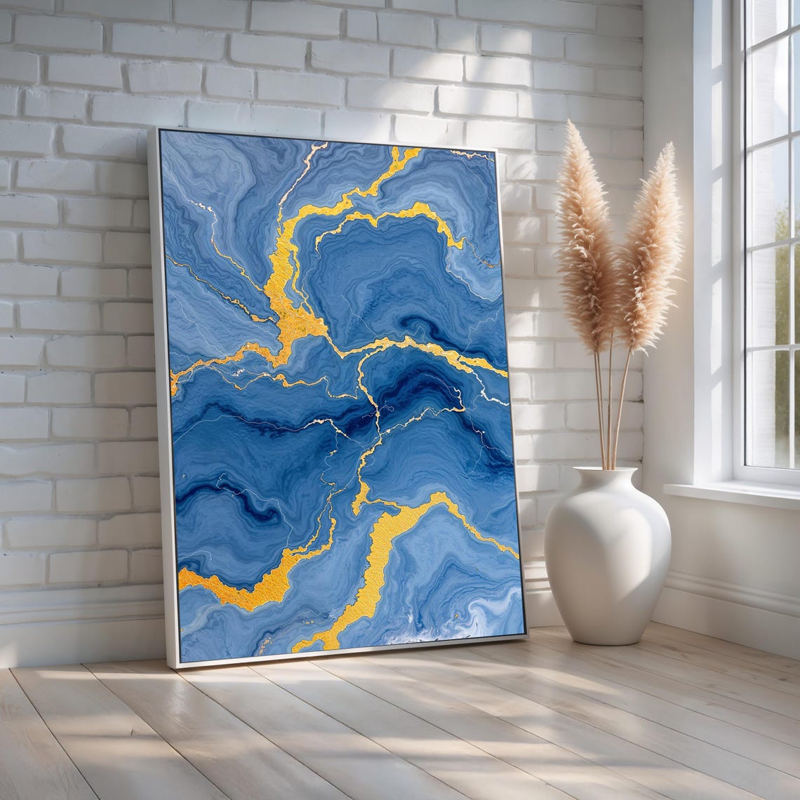 Vertical Blue Gold Marble Abstract Fluid Art Elegant Texture Poster
