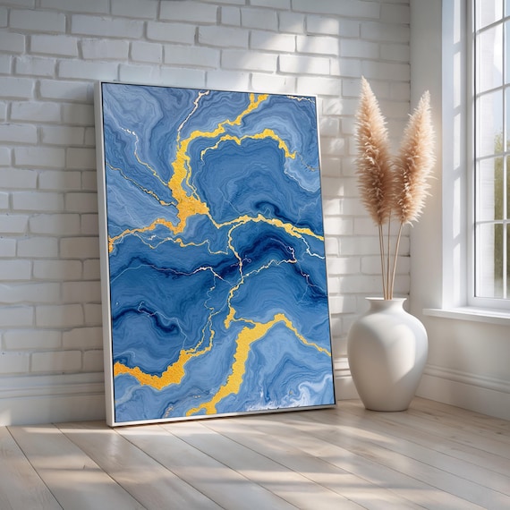 Blue And Gold Abstract Canvas Elegant Marble Texture Wall Art Modern Fluid Acrylic Ink Print For Living Room Or Office Ready To Hang