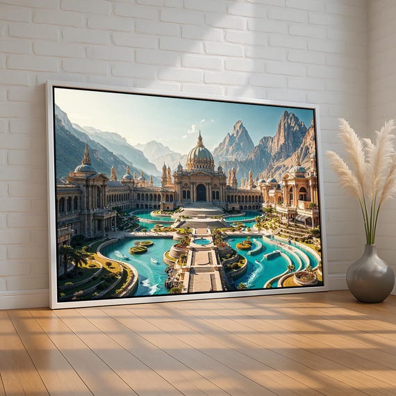 Fantasy Palace Wall Art Grand Castle Water Garden Landscape Royal Architecture Canvas Magical Mountain Scene Print Ready To Hang