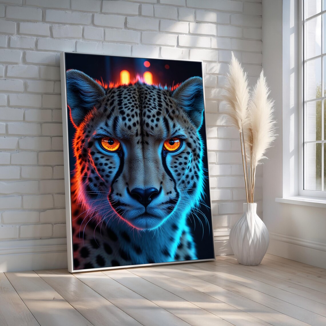 Neon Cheetah Portrait Glowing Amber Eyes Futuristic Wild Cat Wall Art