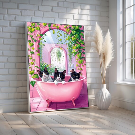 Three Tuxedo Cats in a Pink Bathtub Whimsical Bathroom Cat Poster