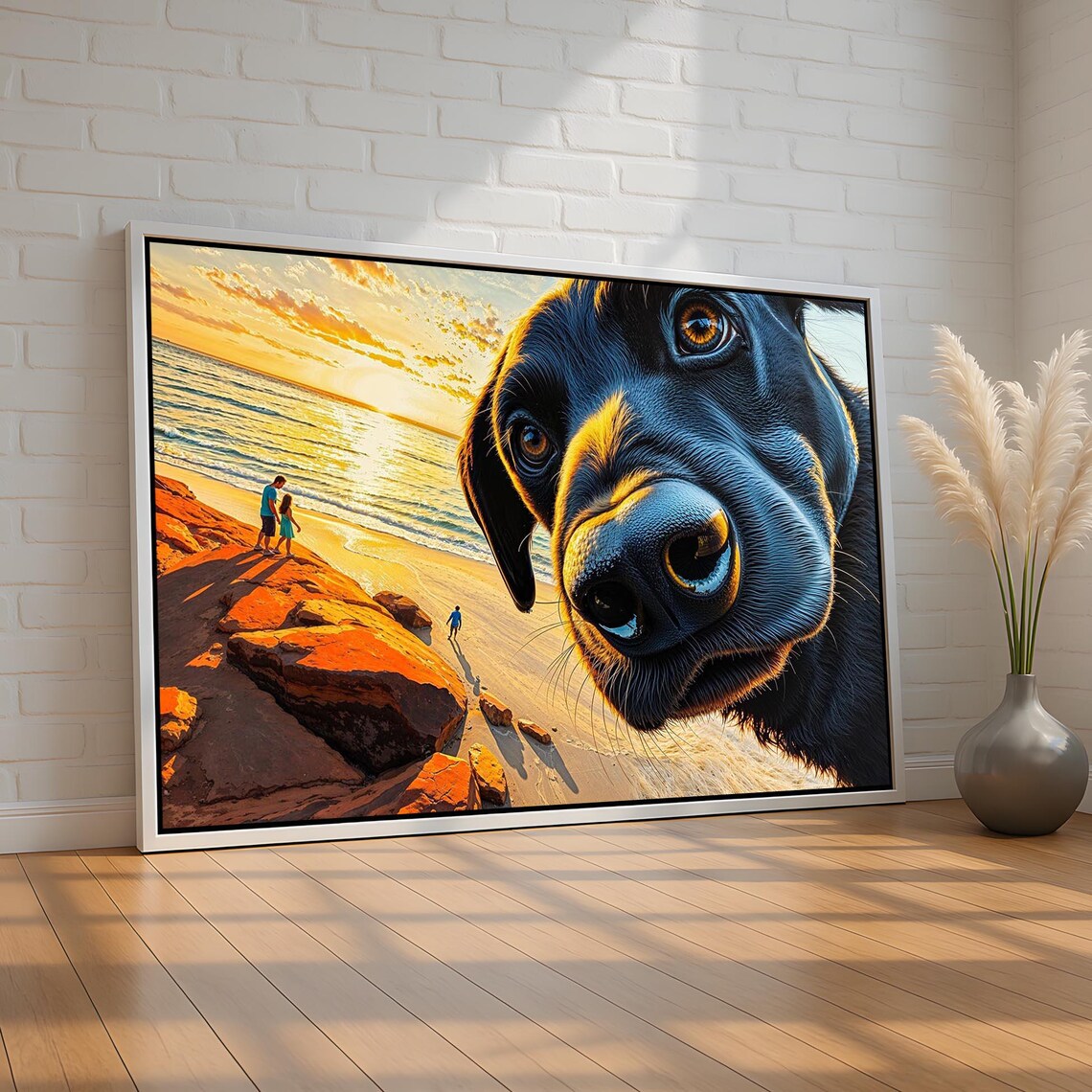 Black Labrador Close Up on a Sunset Beach Whimsical Dog Photo Poster