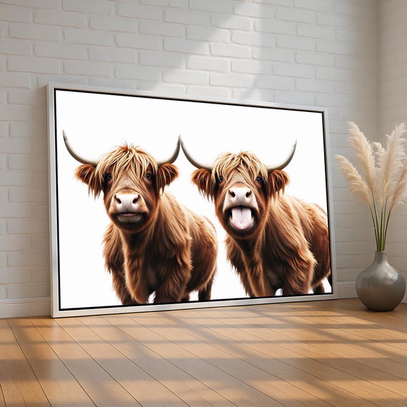 Funny Highland Cow Wall Art Cute Farmhouse Duo With Tongue Out Rustic Country Animal Canvas Print Ready To Hang