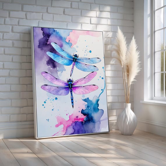 Dragonfly Watercolor Wall Art Vibrant Blue Purple Insect Canvas Print Whimsical Nature Decor For Boho Bedrooms Ready To Hang
