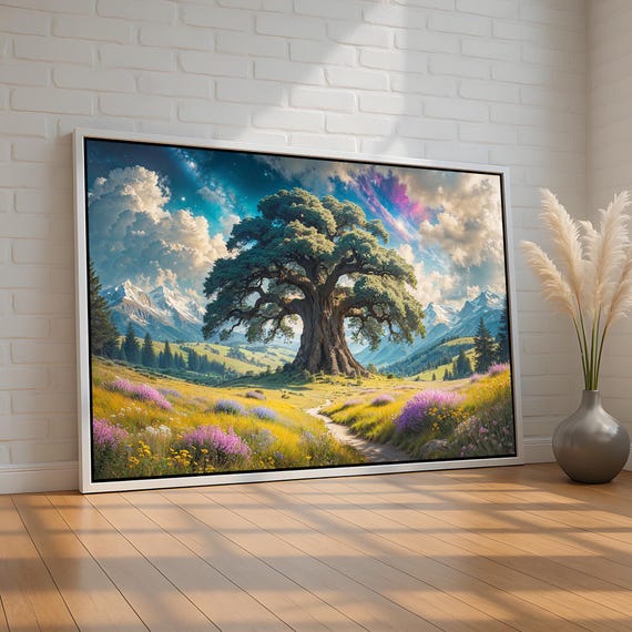 Majestic Fantasy Tree In Mountain Meadow Nature Landscape Canvas Poster Enchanted Scenic Wall Art Home Decor Ready To Hang