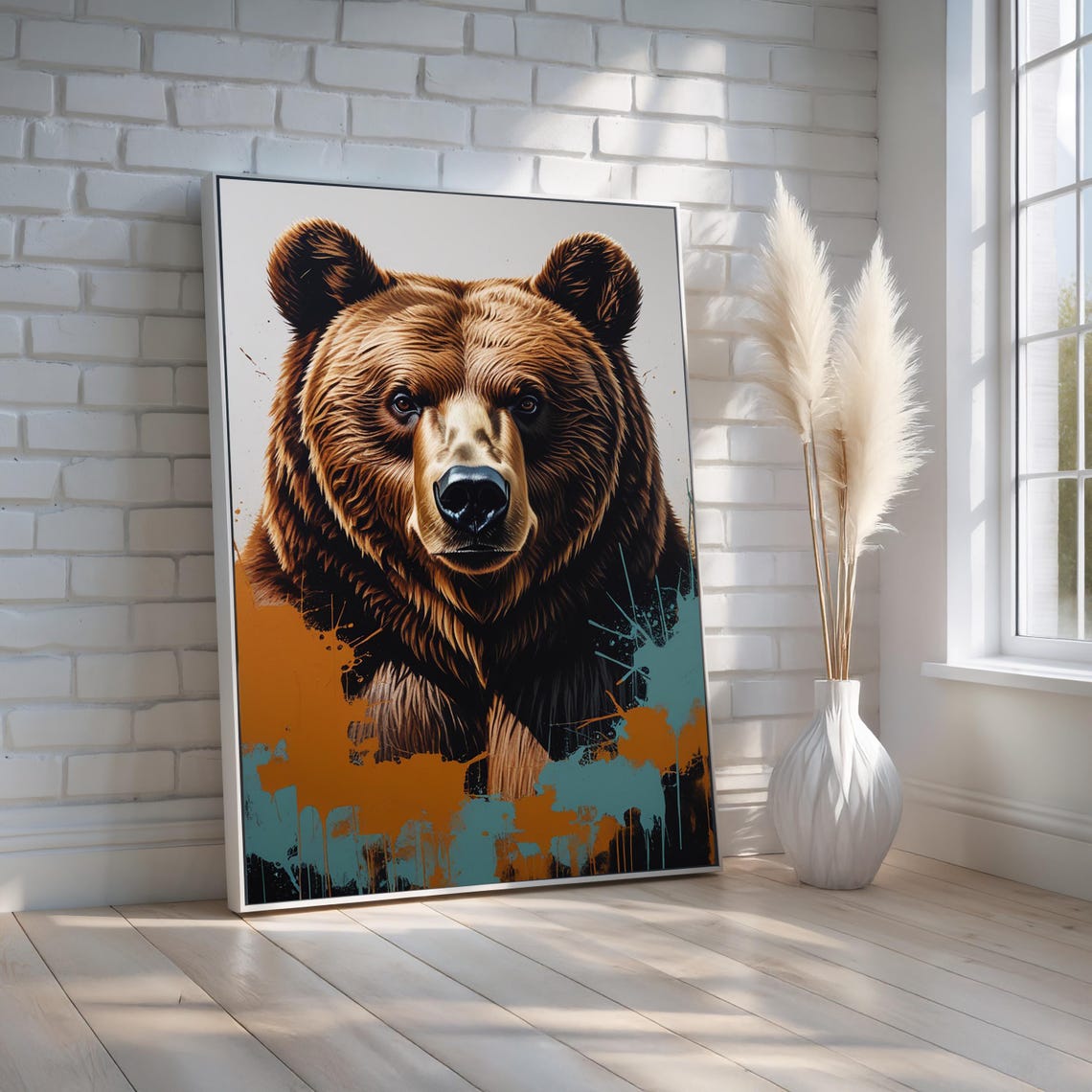 Grizzly Bear Portrait Bold Paint Splash Rustic Modern Wall Art