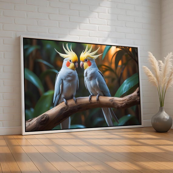 Cockatiel Couple Wall Art Romantic Tropical Bird Canvas Print Colorful Parrot Lovebirds Decor For Bedroom Or Nursery Ready To Hang