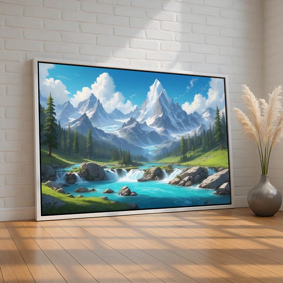 Snowy Mountain Waterfall Landscape Serene Nature Wall Art Peaceful River Valley Decor For Living Room Or Office Ready To Hang