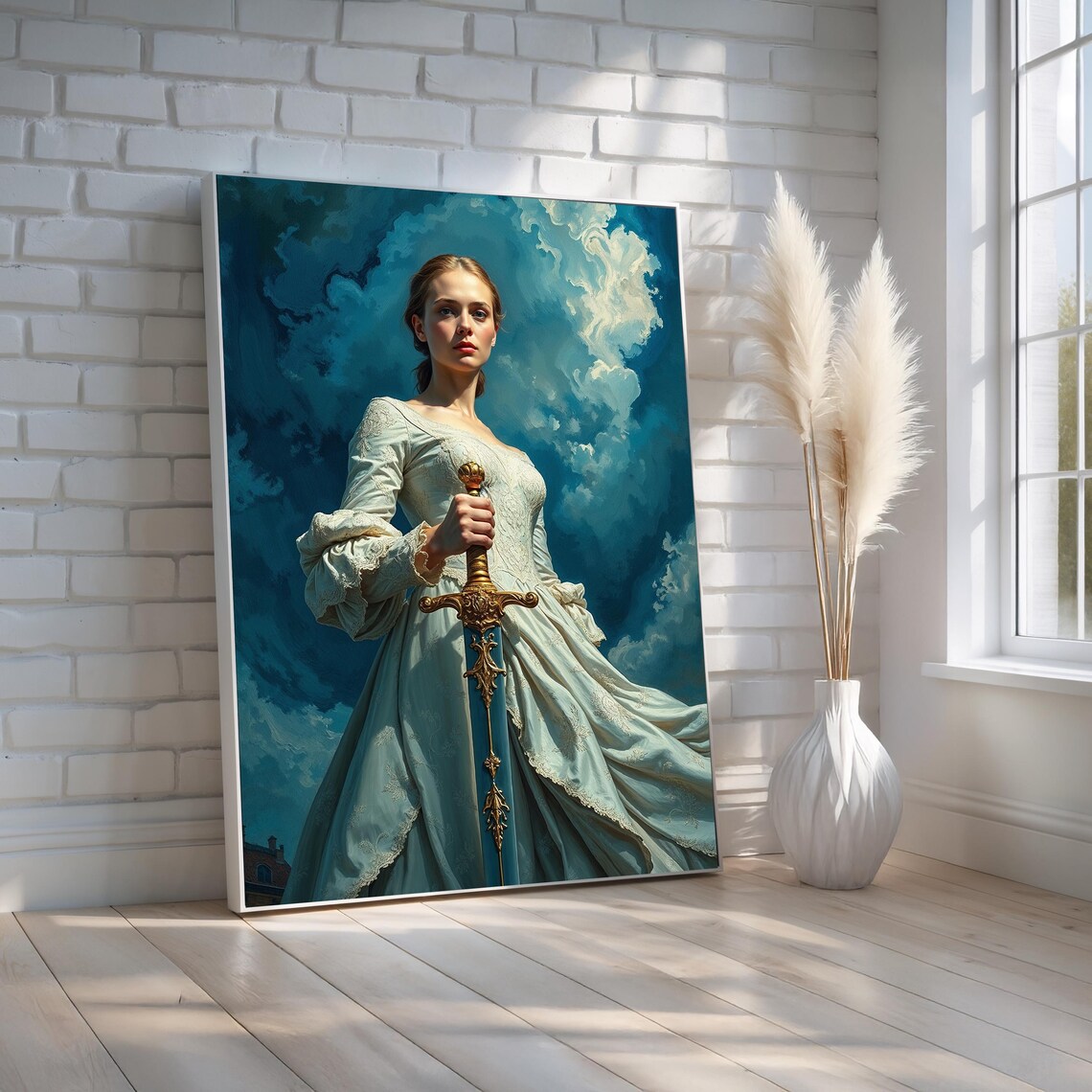 Warrior Woman Sword Stormy Clouds Oil Painting Fantasy Poster