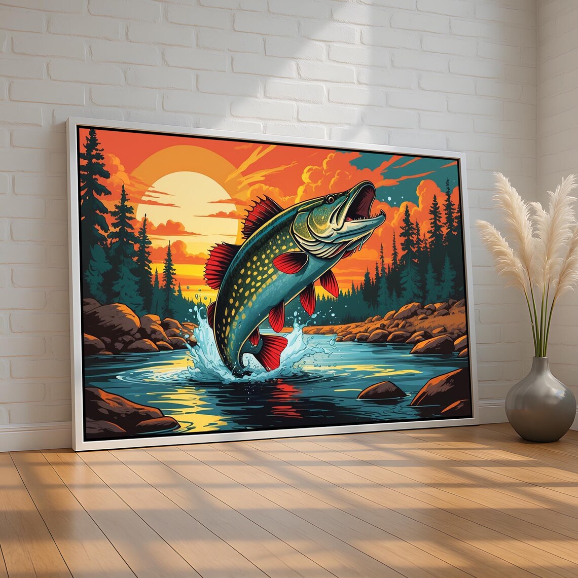 Leaping Pike Fish At Sunset Bold Retro Fishing Lake House Poster