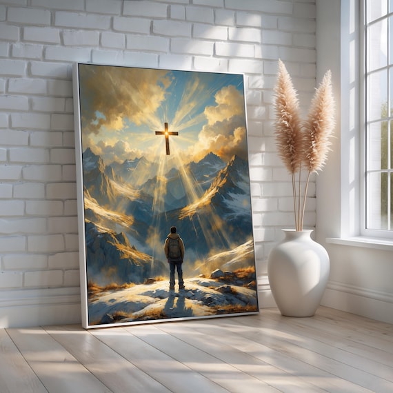Spiritual Mountain Cross Christian Faith Art Light Beams Scenic Landscape Poster