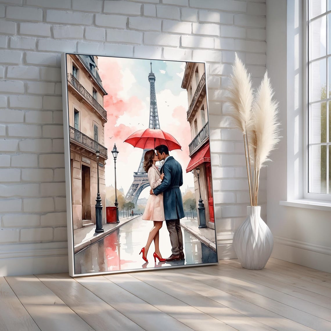 Romantic Paris Kiss Red Umbrella Eiffel Tower Watercolor Poster