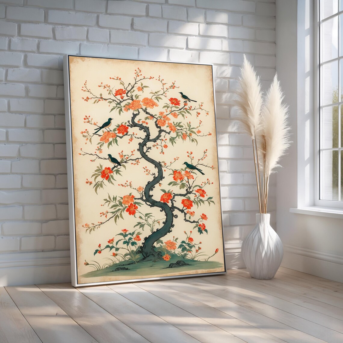 Chinoiserie Flowering Tree With Birds Vintage Botanical Art Poster