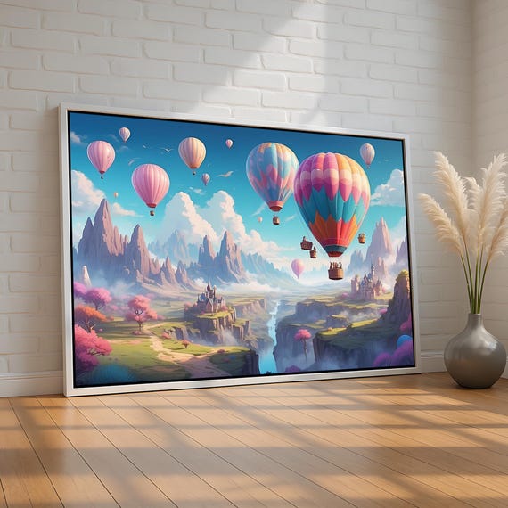 Fantasy Hot Air Balloons Over Castles Whimsical Dreamscape Wall Art Magical Sky Landscape Poster Or Canvas Colorful Adventure Decor