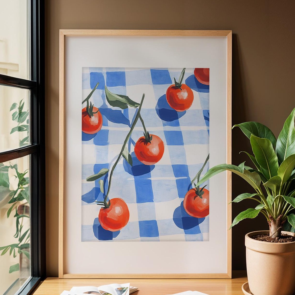 Vine Tomatoes On Blue Gingham Tablecloth Kitchen Wall Poster