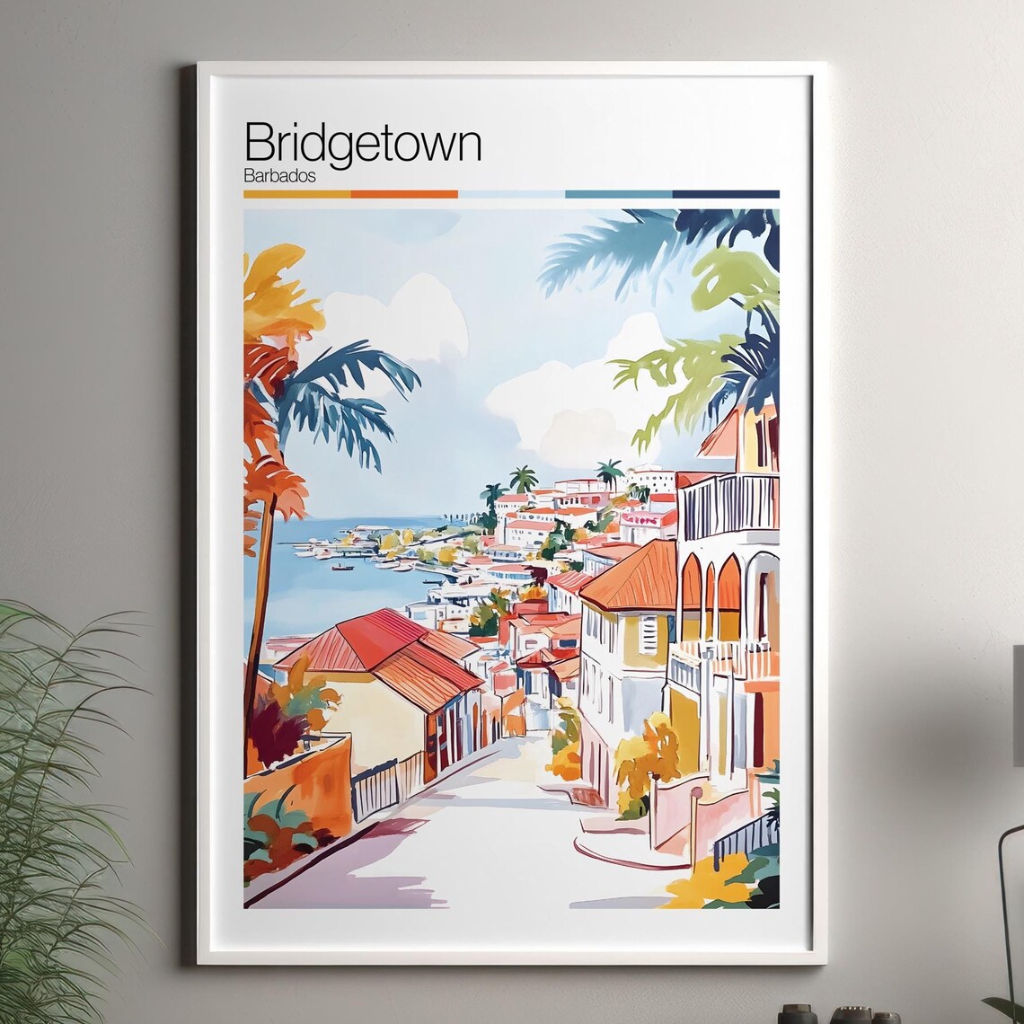 Bridgetown Barbados Palm Bay Street Watercolor Travel Poster