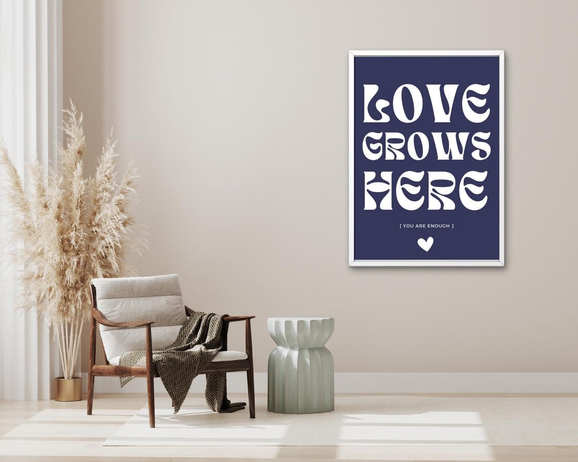 Love Grows Here Navy White Retro Typography Heart Quote Poster - Image 3