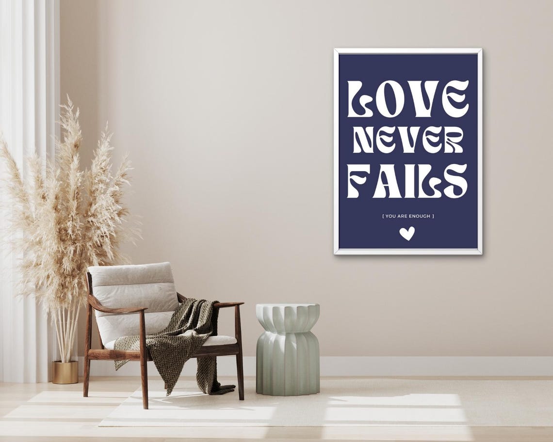 Love Never Fails Navy Blue White Retro Typography Heart Quote Poster - Image 3