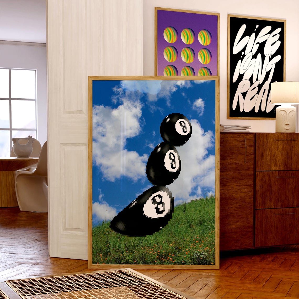 Floating Eight Balls Over Green Field Surreal Sky Pop Art Poster