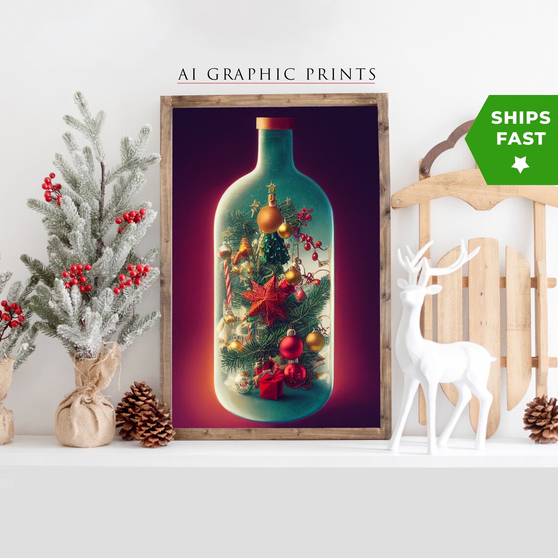 Merry Christmas Bottle, Cute Retro Christmas Poster