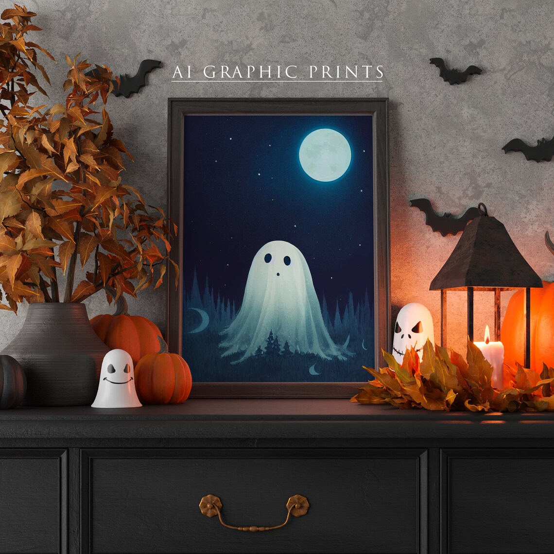 Cute Ghost AI Art Print, Halloween Wall Art