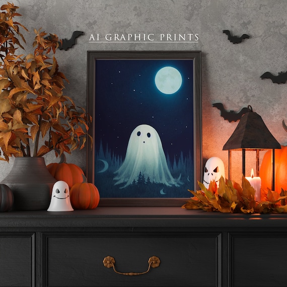 Cute Ghost AI Art Print, Halloween Wall Art