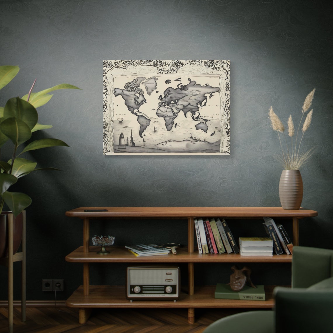 Vintage Sepia World Map Botanical Border Lighthouse Antique Art Poster - Image 4