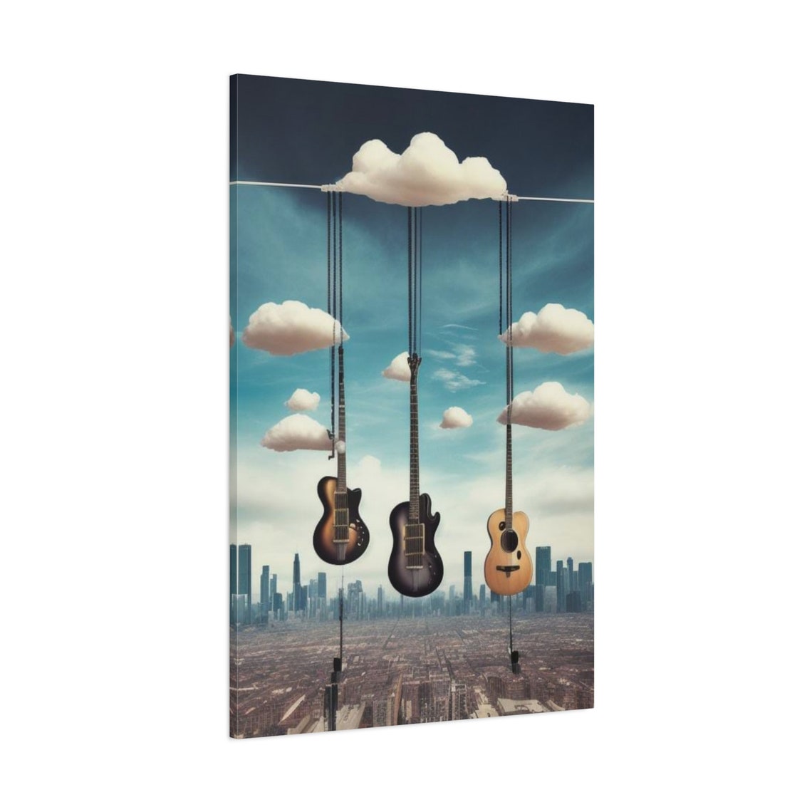 Three Hanging Guitars Floating Cloud City Skyline Surreal Music Poster - Image 3