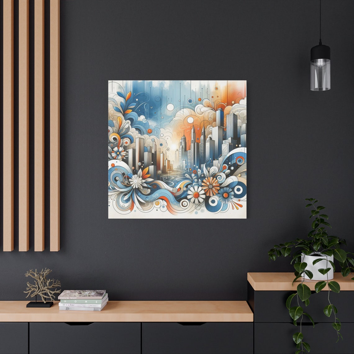 Whimsical Floral City Skyline Blue Orange Swirl Wall Art Poster - Image 2