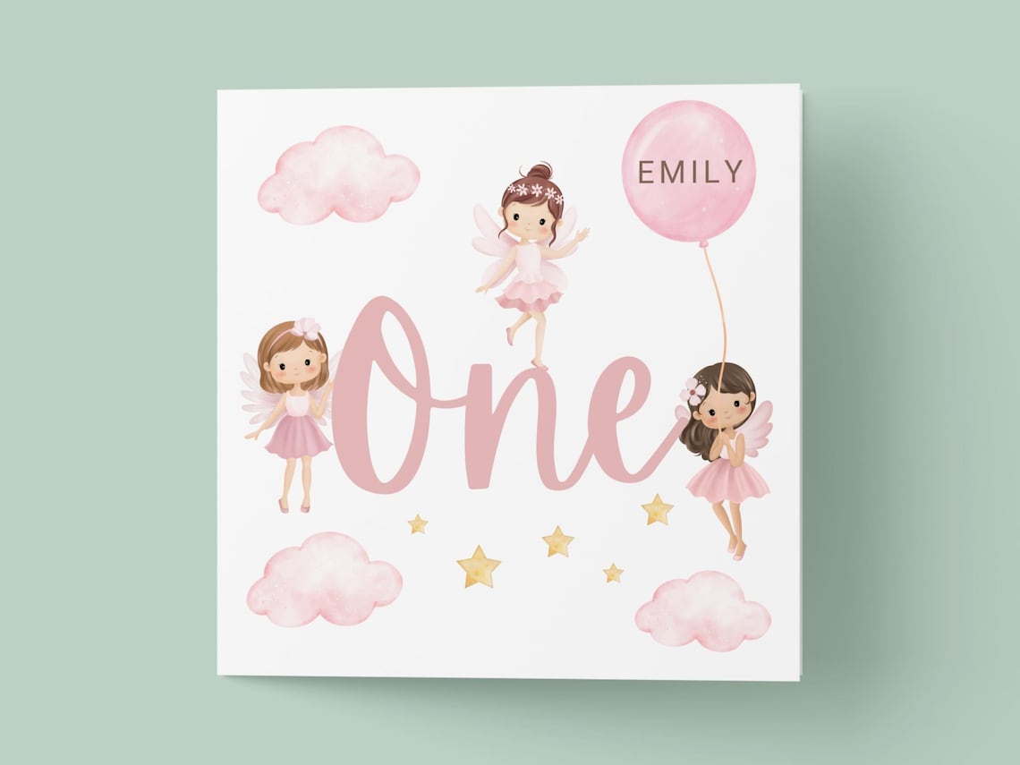 Personalized Fairy First Birthday Card With Three Fairies Balloon and Name Print