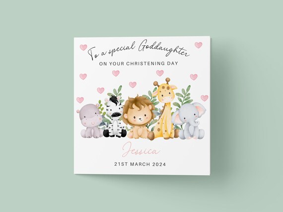 Personalized Safari Christening Card With Jungle Animals Name and Date Print