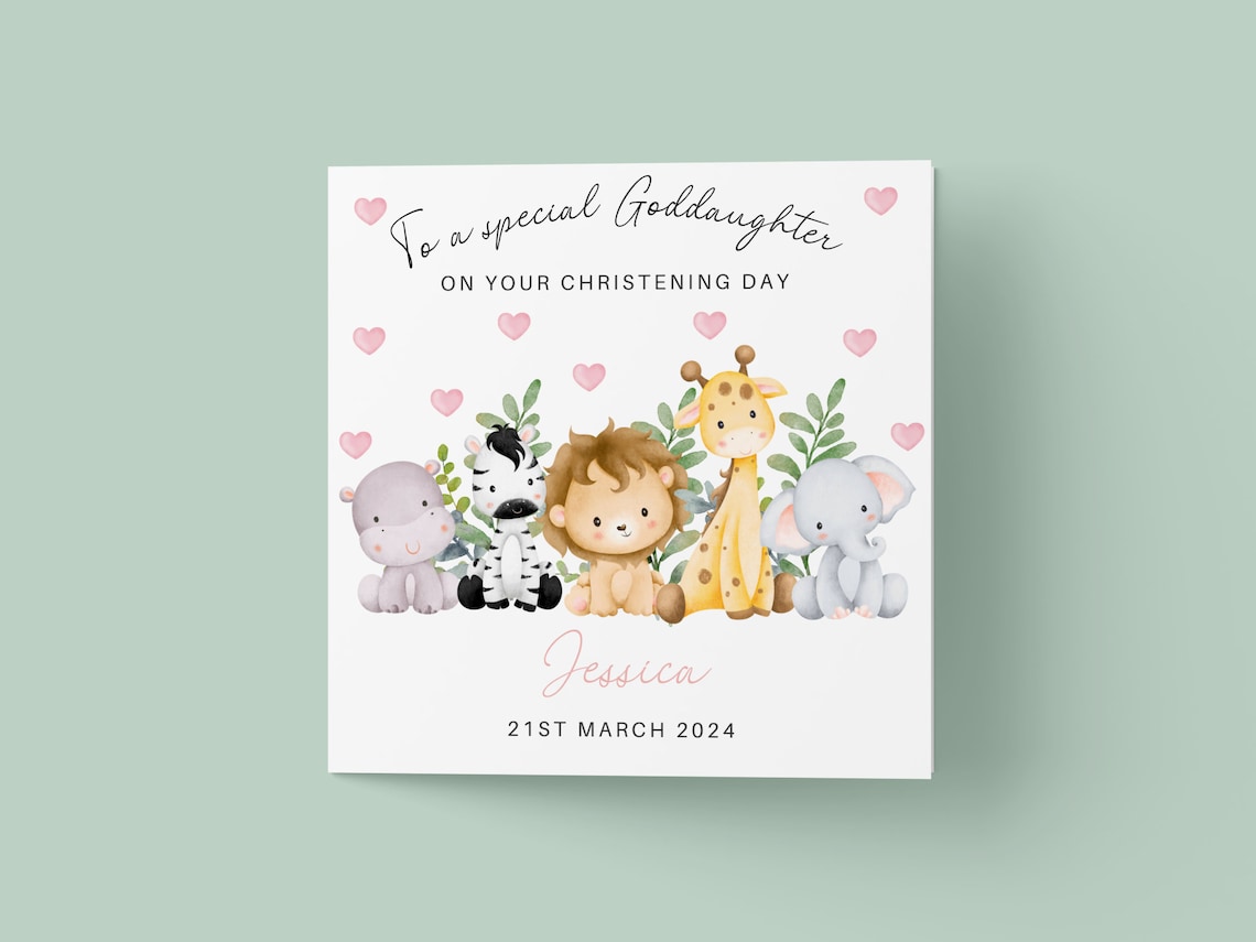 Personalized Safari Christening Card With Jungle Animals Name and Date Print