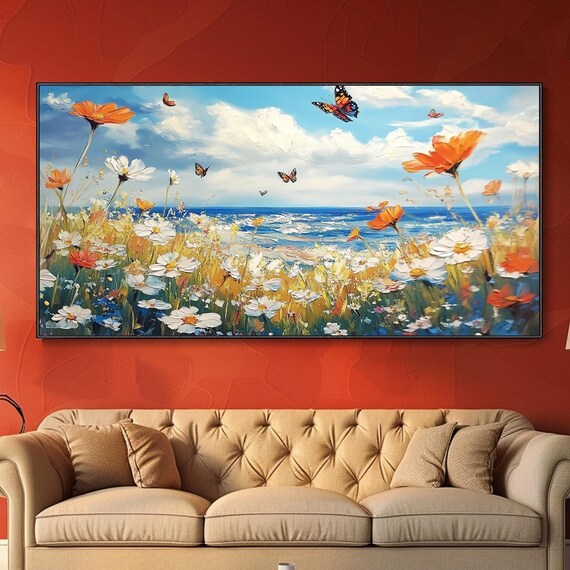 Coastal Wildflower Field Butterflies Ocean Oil Painting Summer Breeze Art Poster