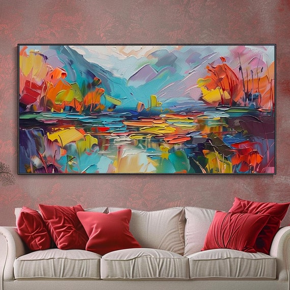 Original Abstract Landscape Textured Oil Painting Hand Painted Clear Lake Wall Decor Bedroom Artwork New Home Housewarming Fine Art Rich