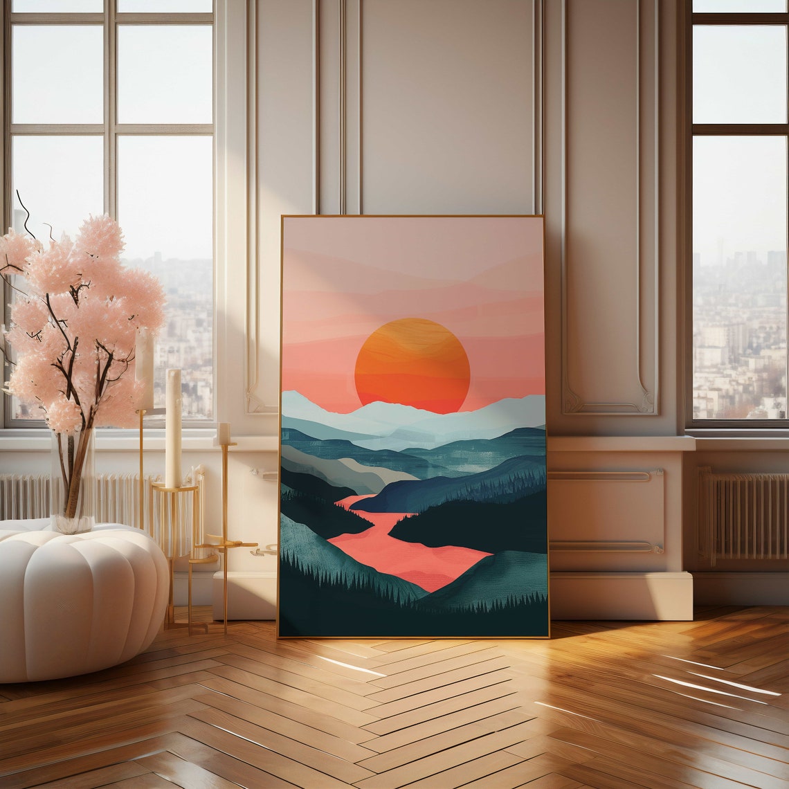 Minimalist Orange Sun Rising Over Blue Mountain Valley Poster - Image 4