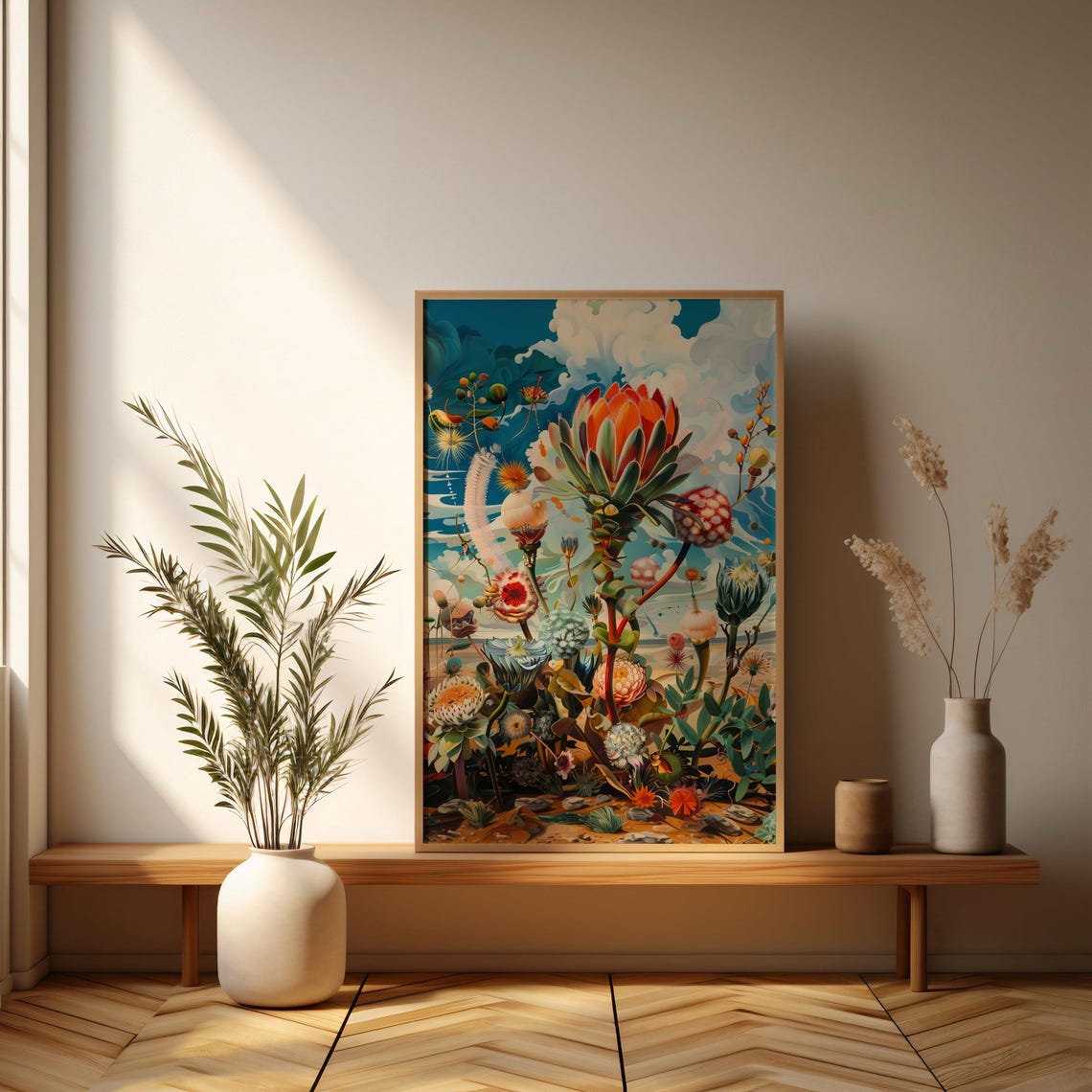Whimsical Protea Meadow Surreal Bright Blue Sky Fantasy Art Poster - Image 3