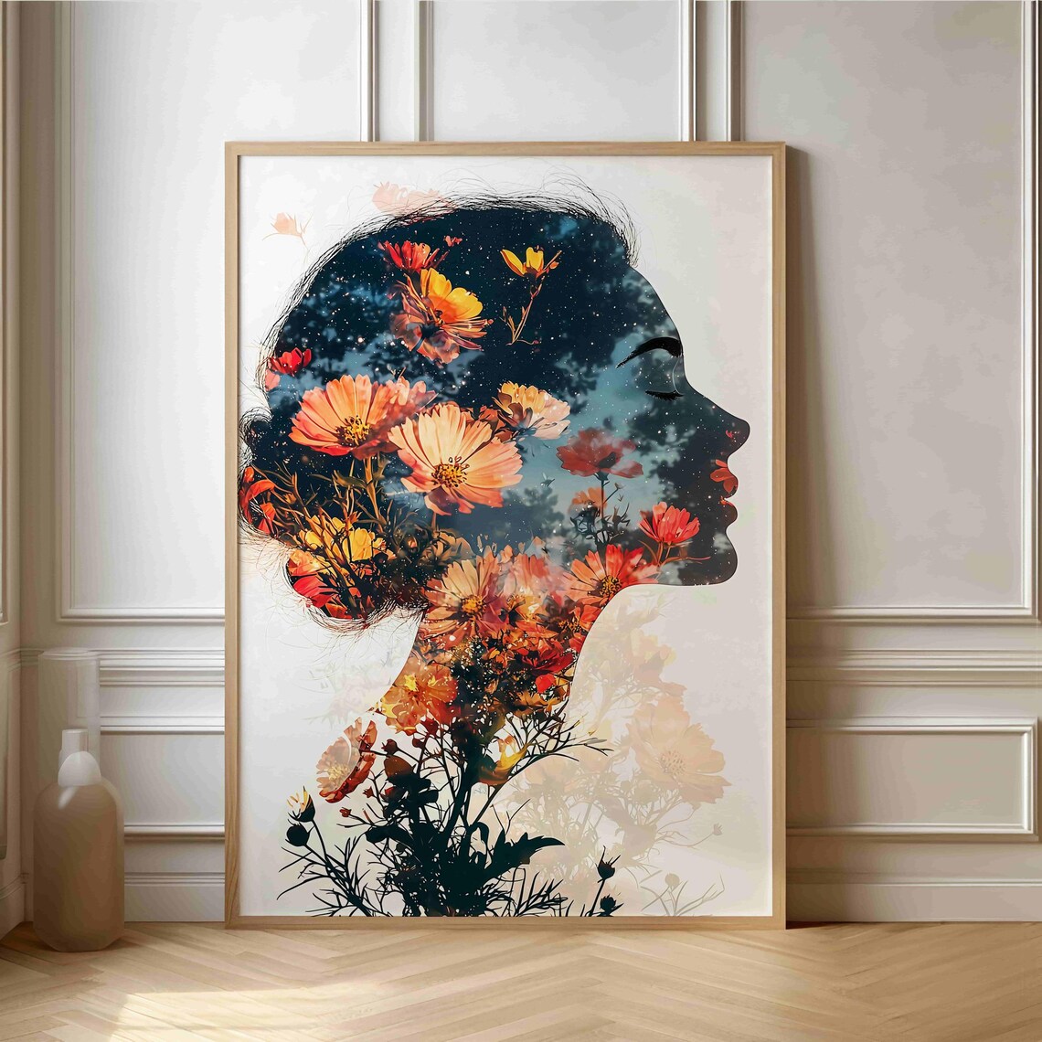 Double Exposure Flower Filled Woman Profile Night Sky Poster