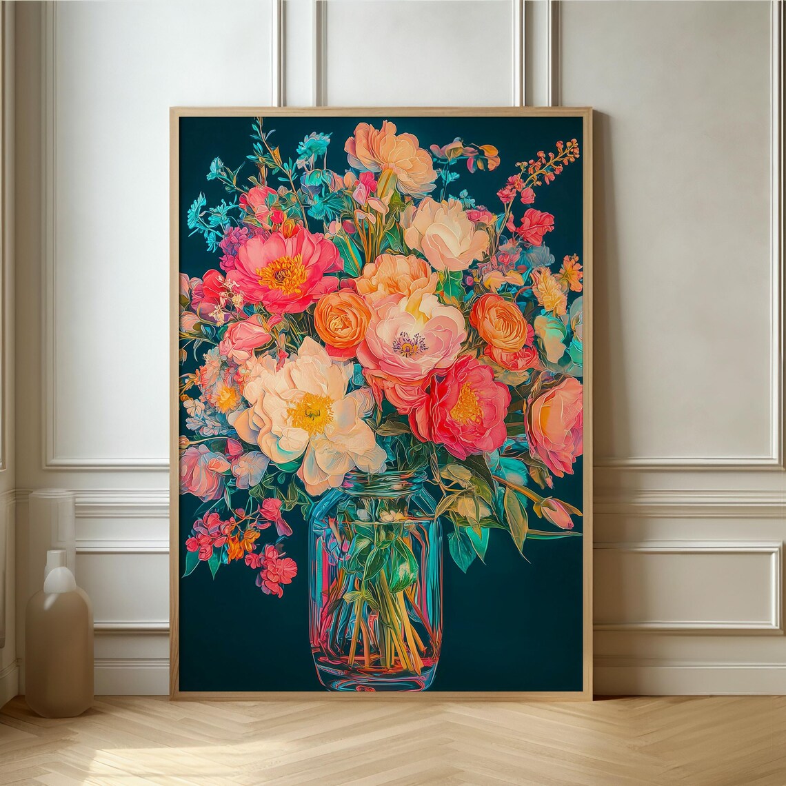 Vibrant Flower Bouquet in Glass Jar on Dark Teal Floral Poster Art