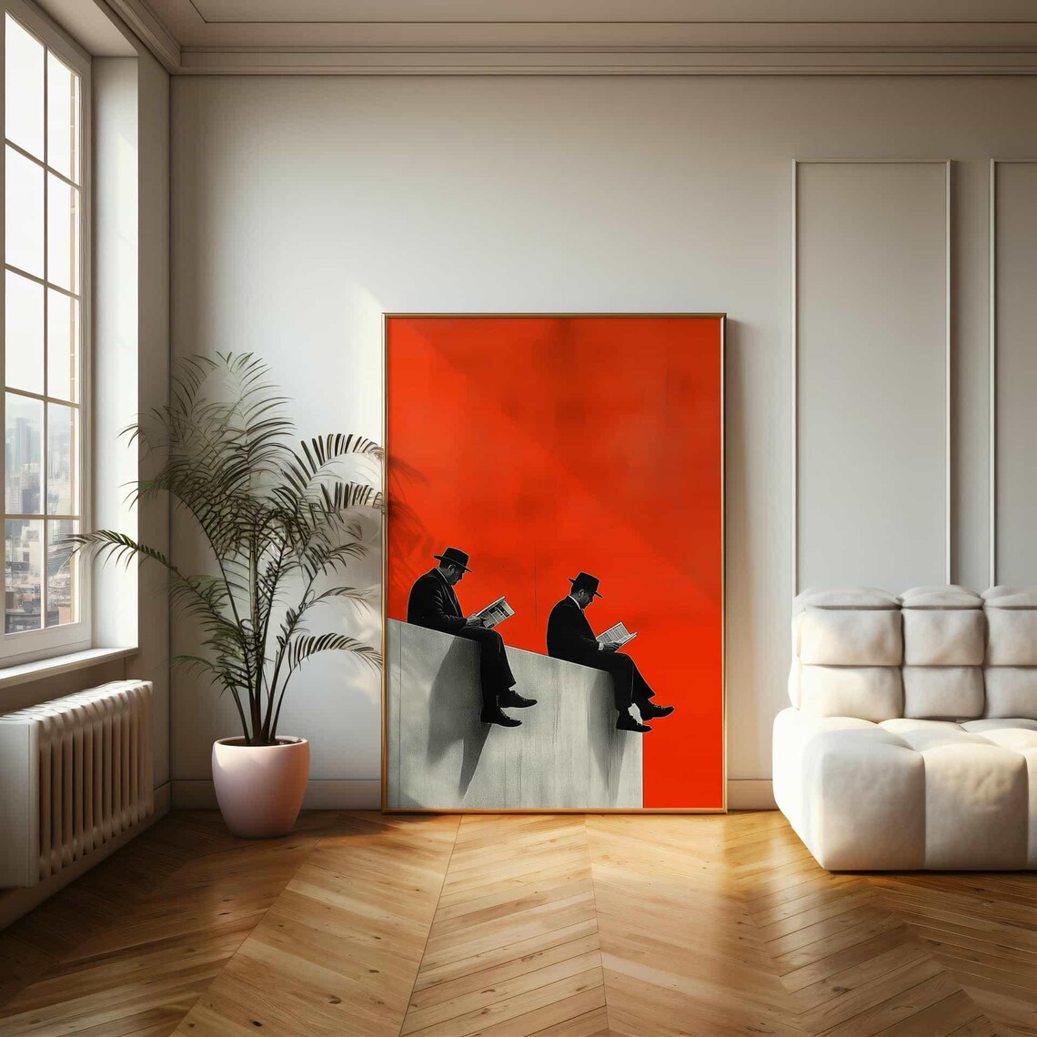 Retro Surrealism Men On Edge Living Room Art Print - Image 2