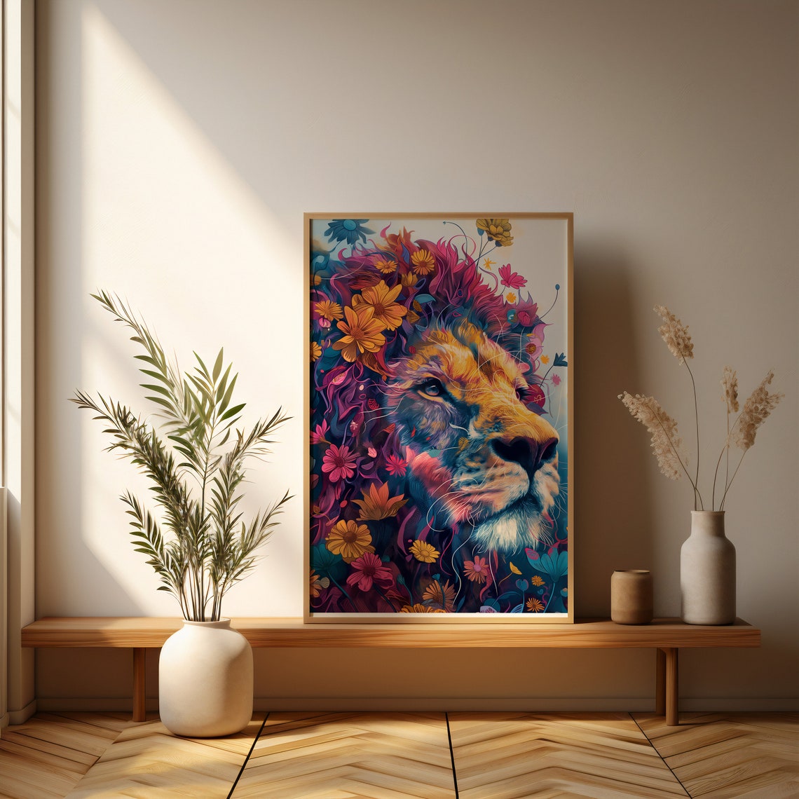 Lion Profile Portrait With Pink Floral Mane Colorful Art Poster - Image 2
